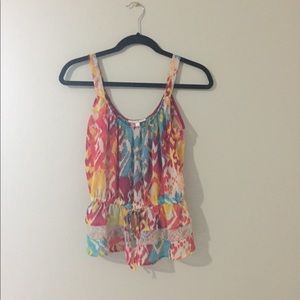 Multicolored flowy tank with lace accent